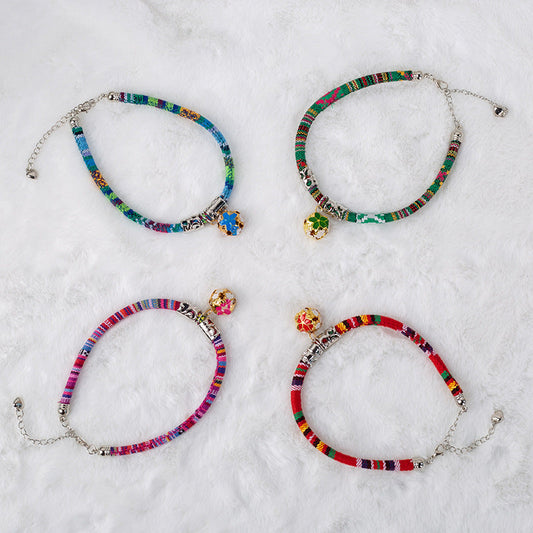 KFX-1105853 Ethnic Style Adjustable Bell Collar for Cats, Dogs, and Rabbits in Blue, Red, Green, and Rose Red