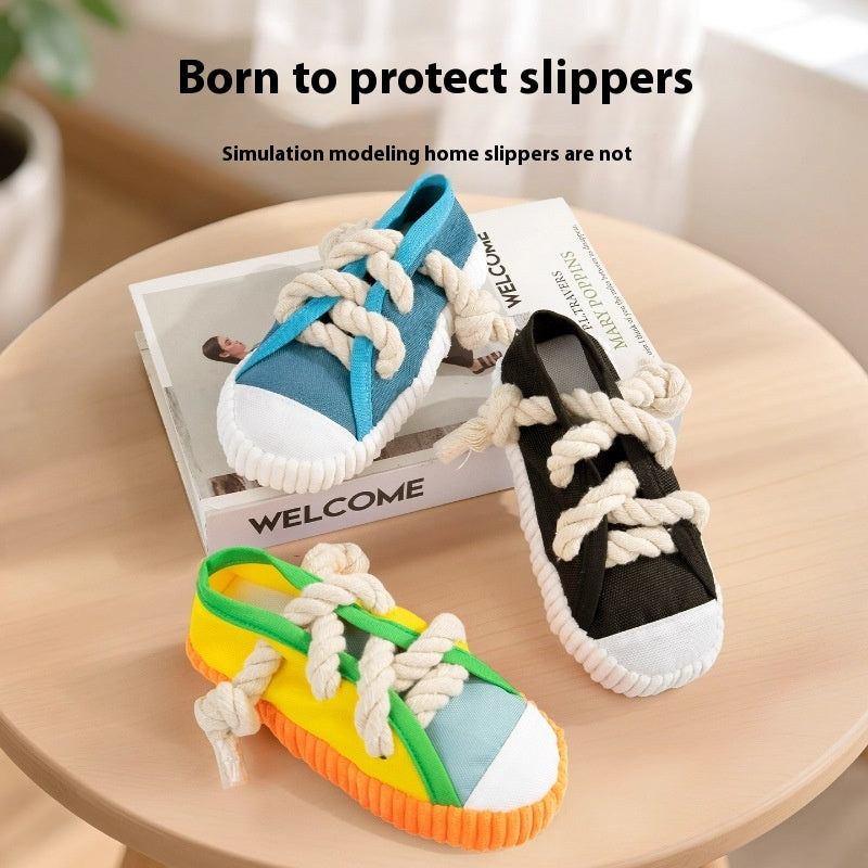 KFX-1110973 Dog Sound Slippers Toy for Stress Relief - Durable Molar Chew Toy in Rock Yellow, Black, and Sea Fog Blue