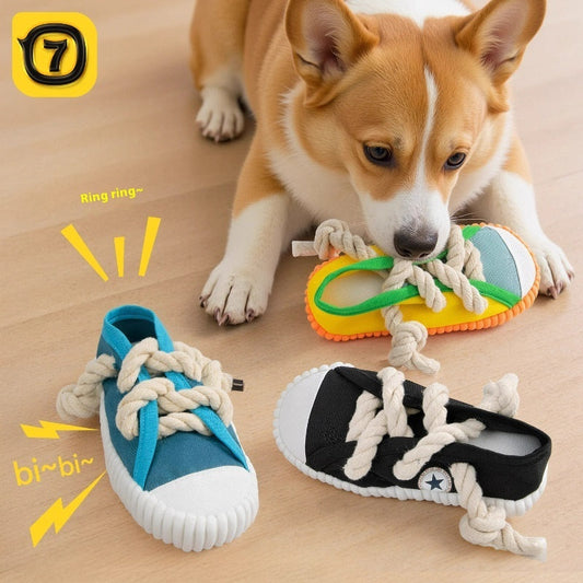 KFX-1110973 Dog Sound Slippers Toy for Stress Relief - Durable Molar Chew Toy in Rock Yellow, Black, and Sea Fog Blue