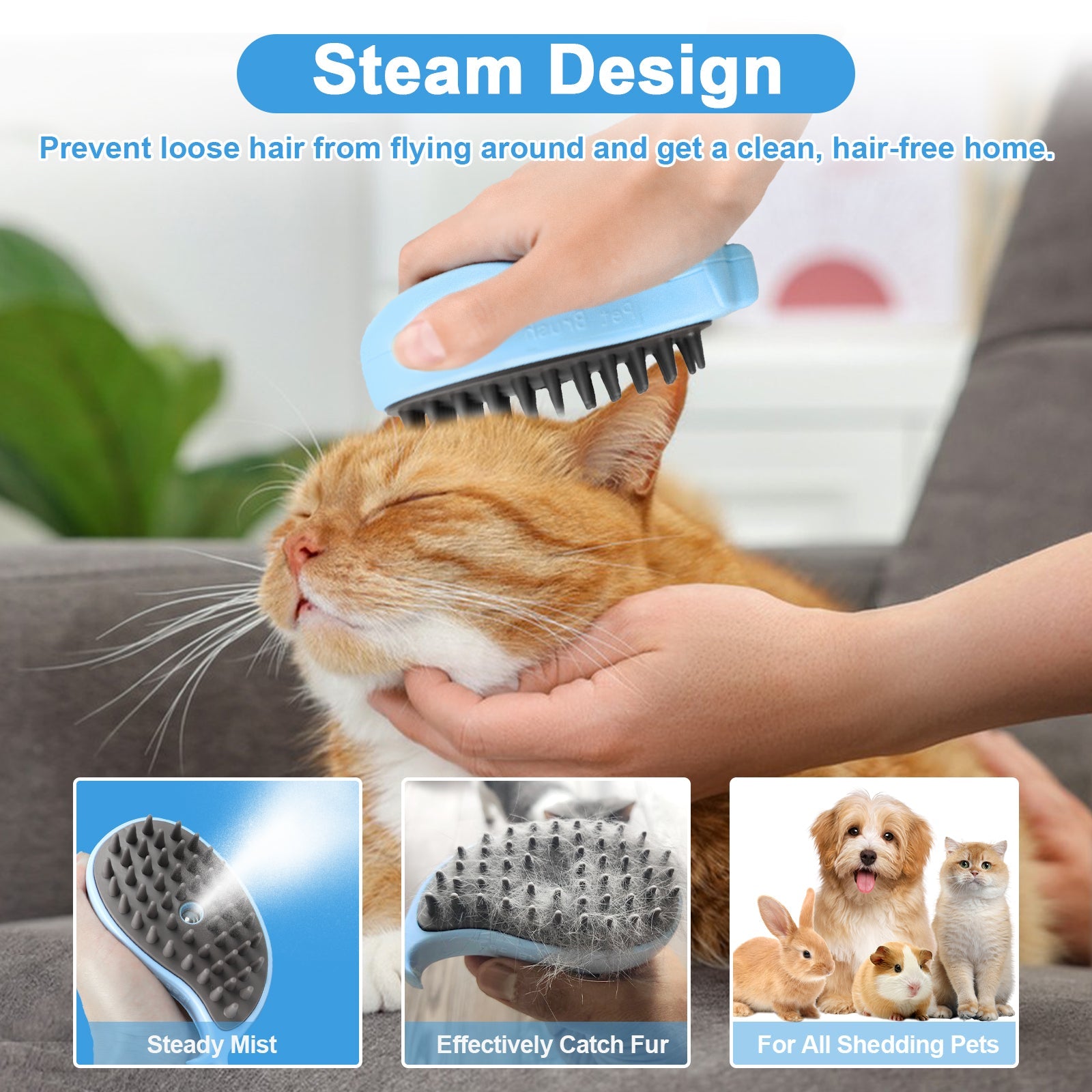 KFX-1284797 Cat Steam Brush for Shedding and Massage - Steamy Grooming Tool for Indoor Cats and Dogs