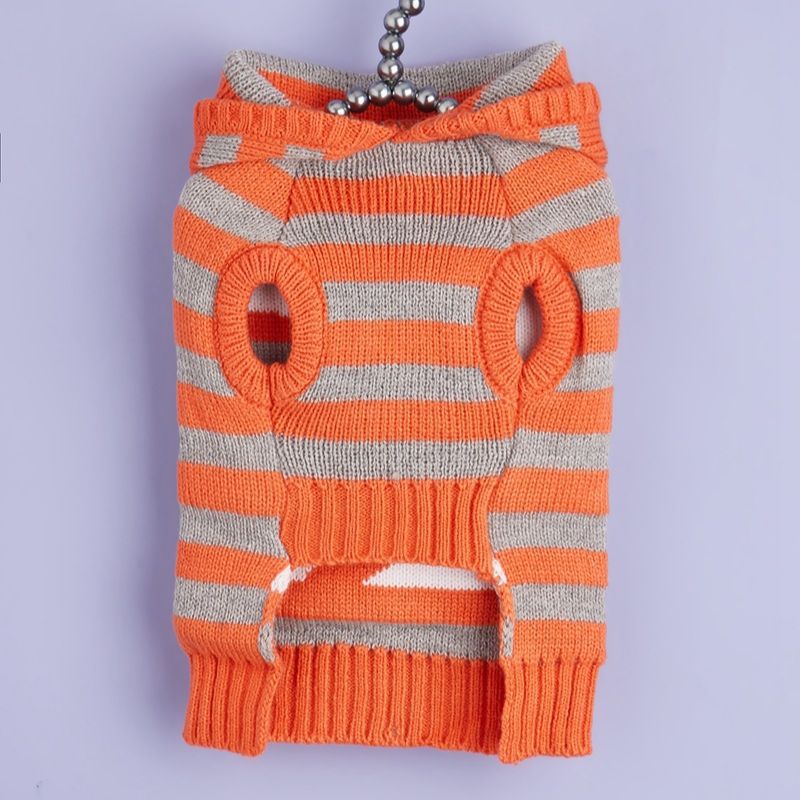 KFX-1286717 Knitted Orange Pet Sweater with Contrast Stripes and Hooded Fur Ball, Cold-Proof Design