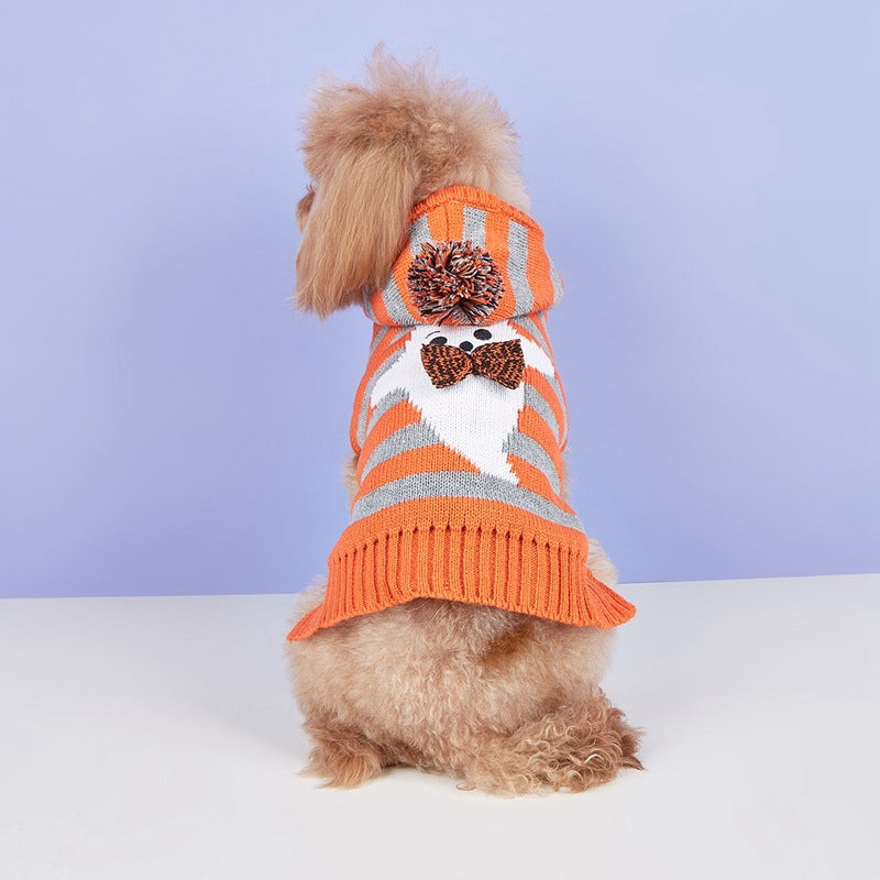 KFX-1286717 Knitted Orange Pet Sweater with Contrast Stripes and Hooded Fur Ball, Cold-Proof Design
