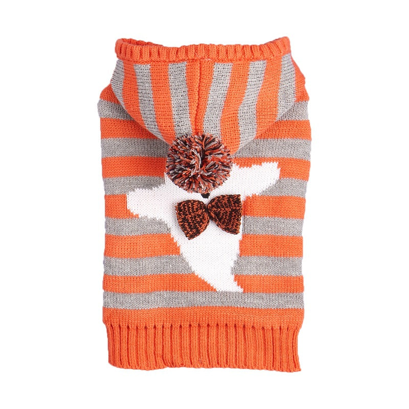 KFX-1286717 Knitted Orange Pet Sweater with Contrast Stripes and Hooded Fur Ball, Cold-Proof Design