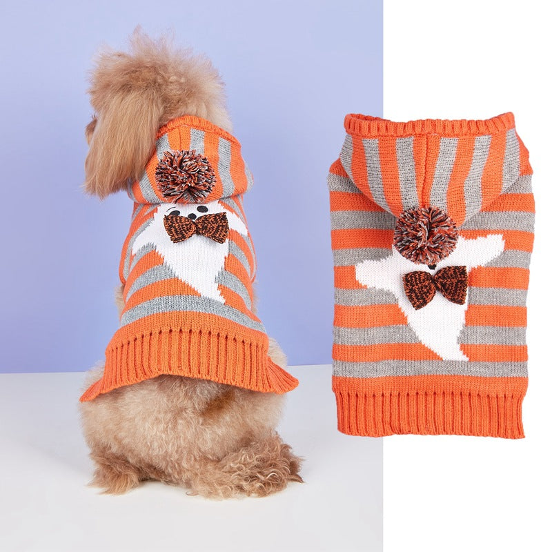 KFX-1286717 Knitted Orange Pet Sweater with Contrast Stripes and Hooded Fur Ball, Cold-Proof Design