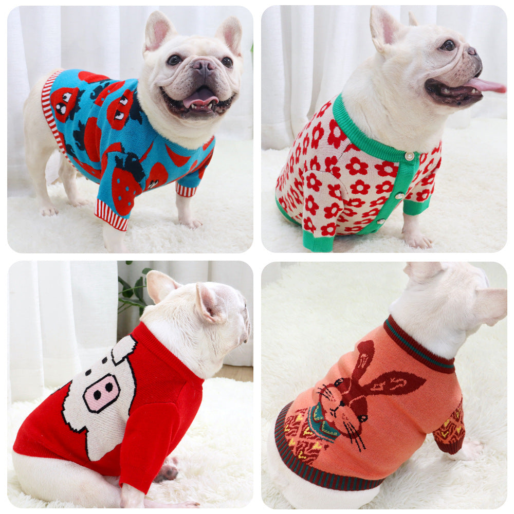 KFX-1319485 Autumn and Winter Dog Sweater Collection - Wool Cardigans in Floral, Strawberry, Pig, and Rabbit Designs