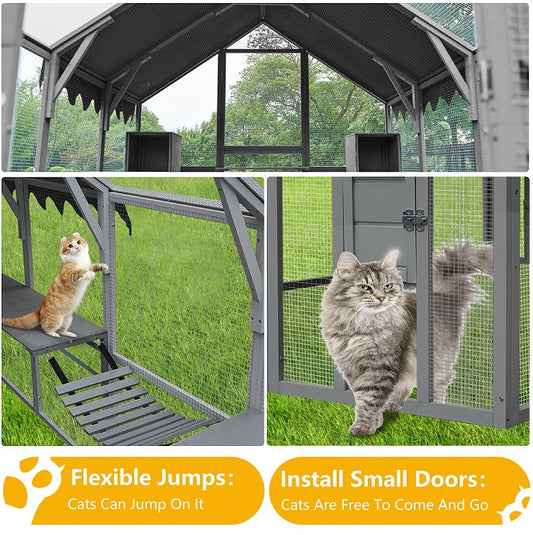 KFX-1367357 Large Outdoor Cat House and Cat Fence with Upgraded Waterproof Cover - Gray