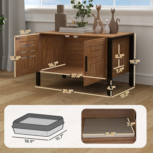 KFX-1376957 Cat Litter Box Enclosure with Scratching Board, Dark Brown, 31.5L x 17.7W x 19.7H, Fits Large Cats