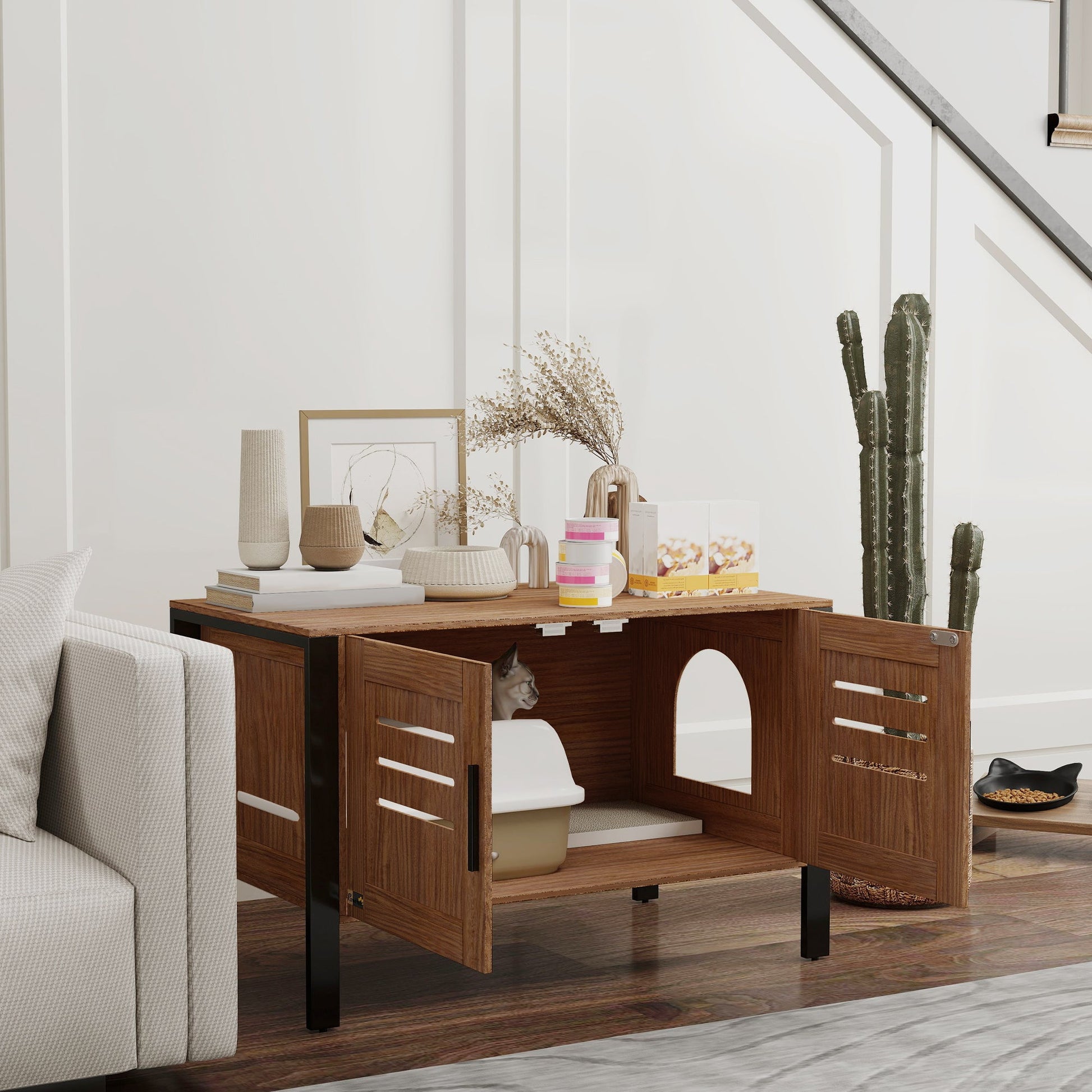 KFX-1376957 Cat Litter Box Enclosure with Scratching Board, Dark Brown, 31.5L x 17.7W x 19.7H, Fits Large Cats