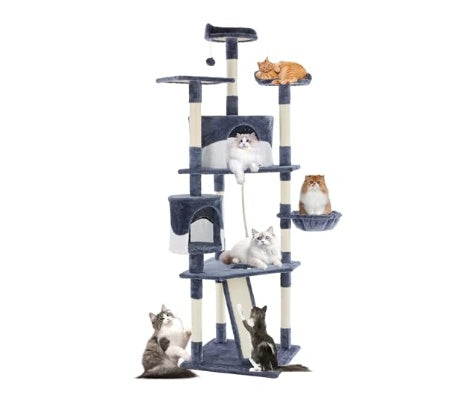 KFX-1606333 79-Inch Multi-Story Cat Tree with Natural Sisal Scratching Posts, Extended Platform, and Hammock for Indoor Cats