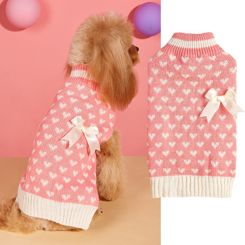 KFX-1712701 Charming Bow and Heart Design Dog Sweater in Red and Pink Colors