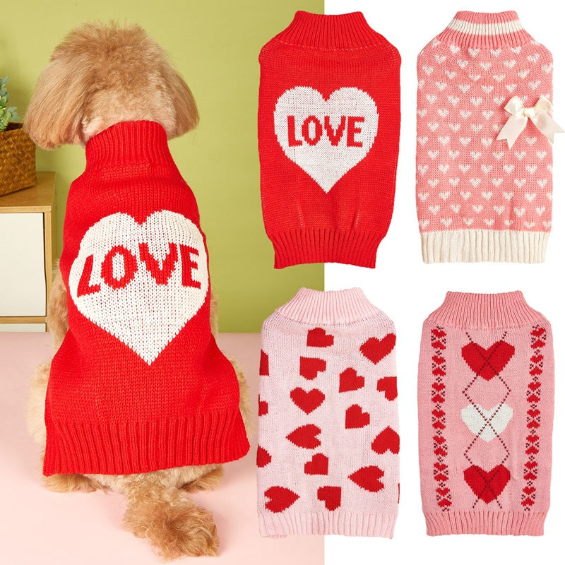 KFX-1712701 Charming Bow and Heart Design Dog Sweater in Red and Pink Colors
