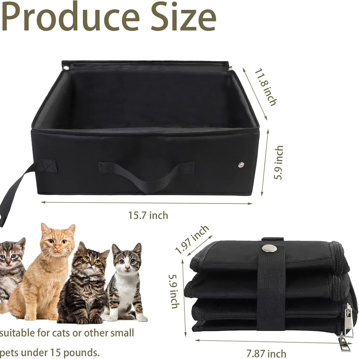 KFX-1737405 Foldable Cat Litter Box - Portable 600D Oxford Cloth Design in Black, 40x30x15cm Open Size