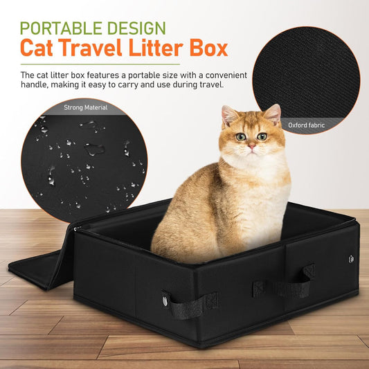 KFX-1737405 Foldable Cat Litter Box - Portable 600D Oxford Cloth Design in Black, 40x30x15cm Open Size