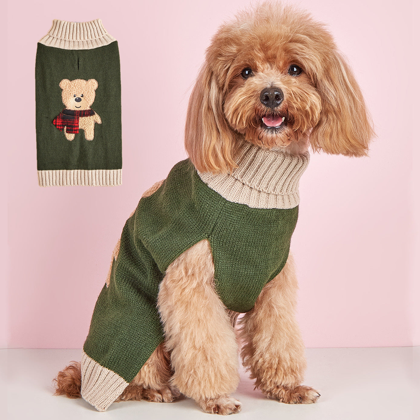 KFX-1876541 Autumn and Winter Army Green Cartoon Dog Sweater for All Sizes