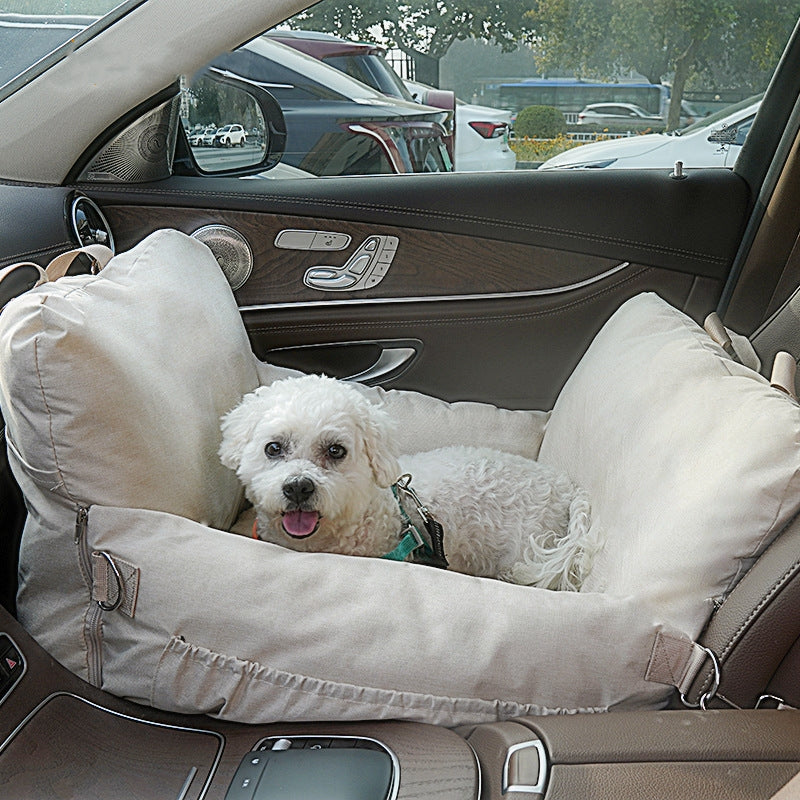KFX-2216765 Creamy-White Linen Car Safety Seat Dog Bed - 60x50x43 cm, Comfortable Pet Cushion for Car Travel