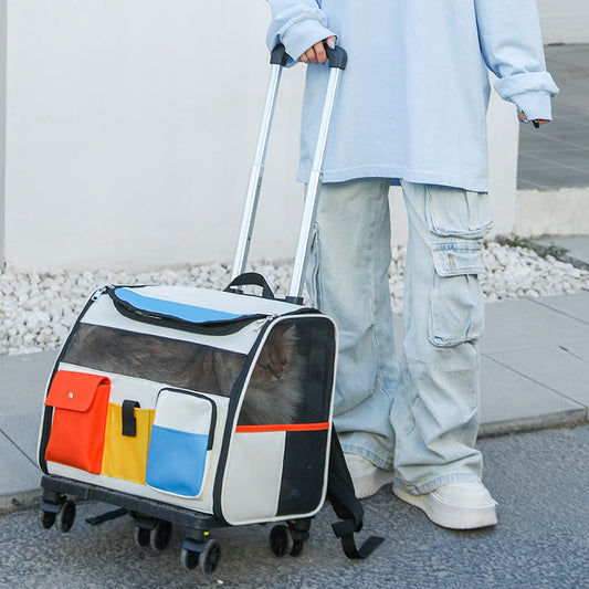 KFX-2279741 Portable Cat Backpack with Optional Pull Rod - Solid Color Options Available in White and Blue