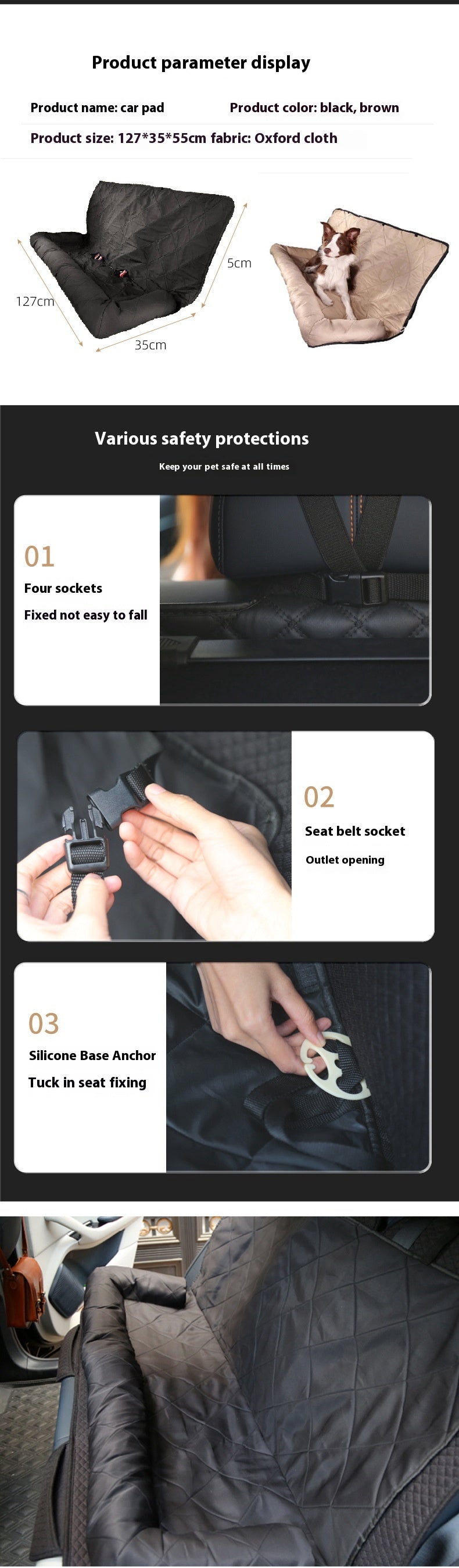 KFX-2282301 Rear Car Dog Bed Mat in Black and Khaki Cotton for Pet Comfort