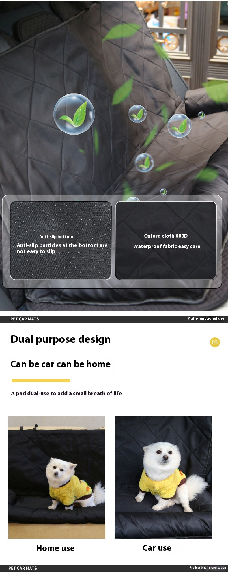 KFX-2282301 Rear Car Dog Bed Mat in Black and Khaki Cotton for Pet Comfort