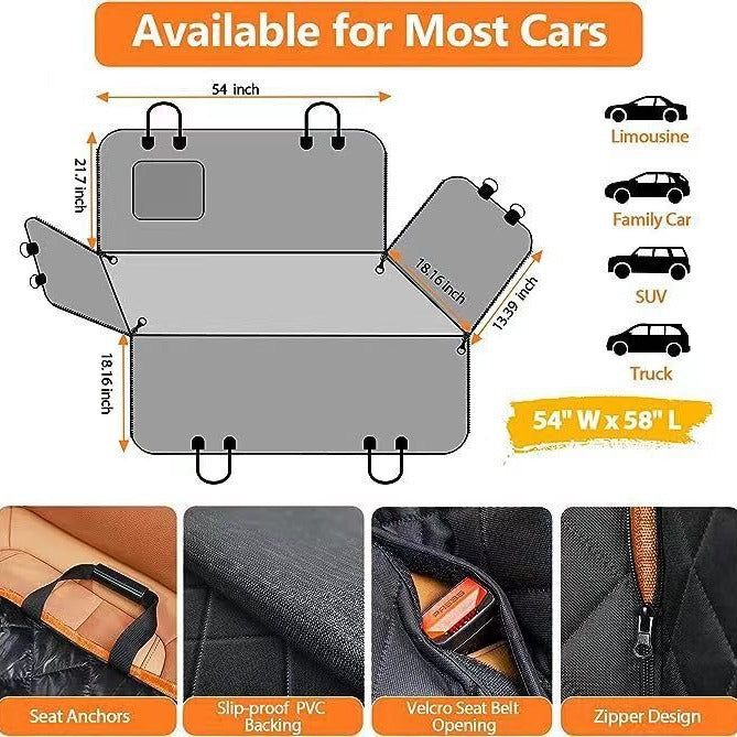 KFX-2315069 Water and Dirt Resistant Pet Mat for Car Rear Seat, Anti-Bite Design with Pocket, 137 x 147 cm, Orange or Black