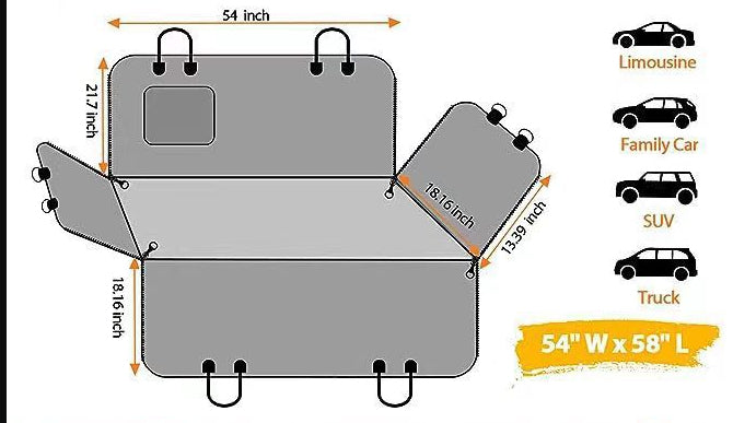 KFX-2315069 Water and Dirt Resistant Pet Mat for Car Rear Seat, Anti-Bite Design with Pocket, 137 x 147 cm, Orange or Black
