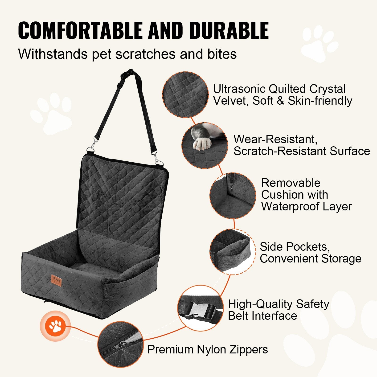 KFX-2872125 Dog Booster Car Seat for Small to Medium Dogs, Safe and Comfortable Design, Easy Installation, Removable Waterproof Pad, Storage Pocket