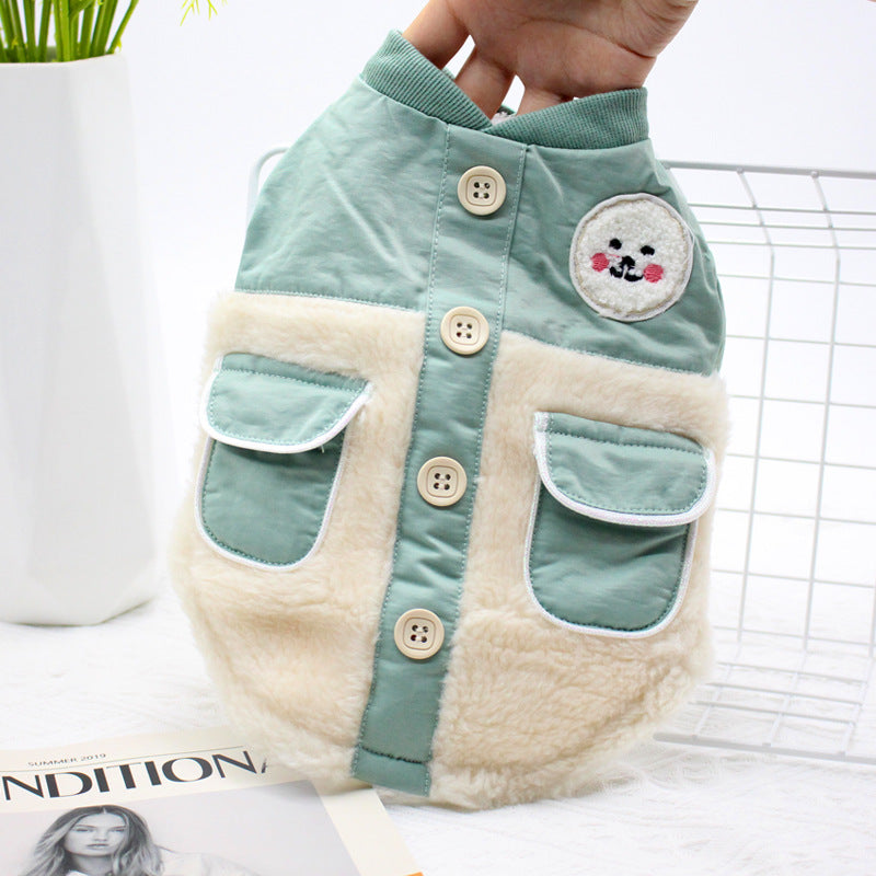 KFX-2965309 Warm Dog Jacket with Padded Double Pockets - British Style, Green and Orange, Sizes XS to XL