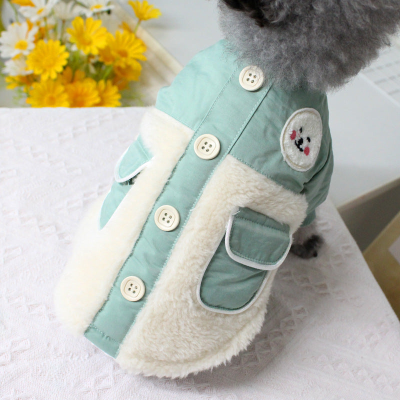 KFX-2965309 Warm Dog Jacket with Padded Double Pockets - British Style, Green and Orange, Sizes XS to XL