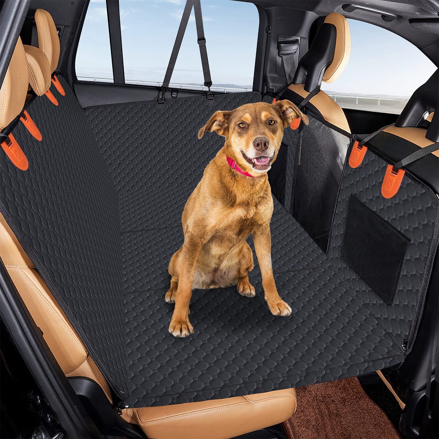 KFX-3101501 Dog Car Back Seat Cover with Zipper Mesh Window, Waterproof 600D Oxford Cloth, Anti-Slip Seat Protector with Storage Bags for Cars, SUVs, and Trucks