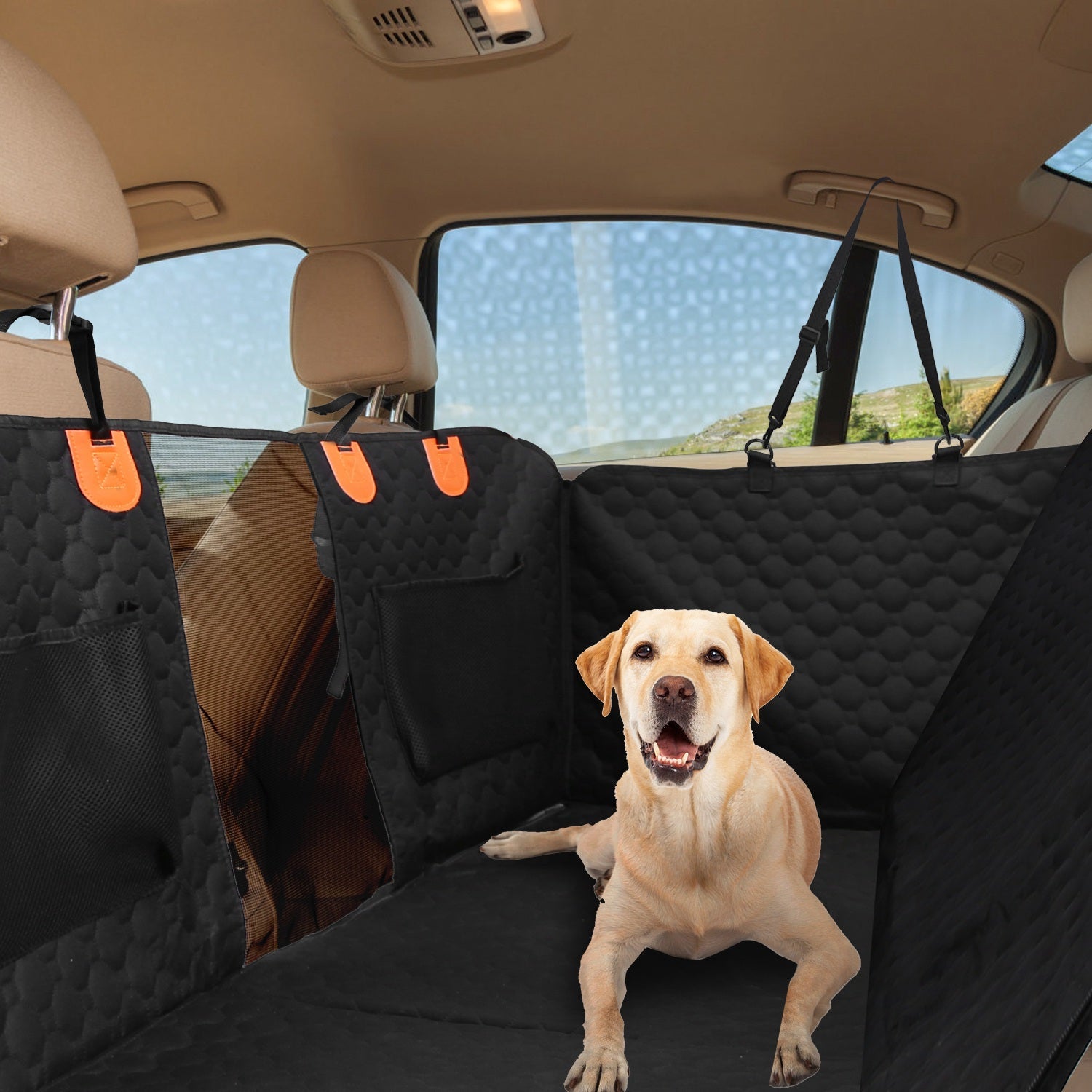 KFX-3101501 Dog Car Back Seat Cover with Zipper Mesh Window, Waterproof 600D Oxford Cloth, Anti-Slip Seat Protector with Storage Bags for Cars, SUVs, and Trucks