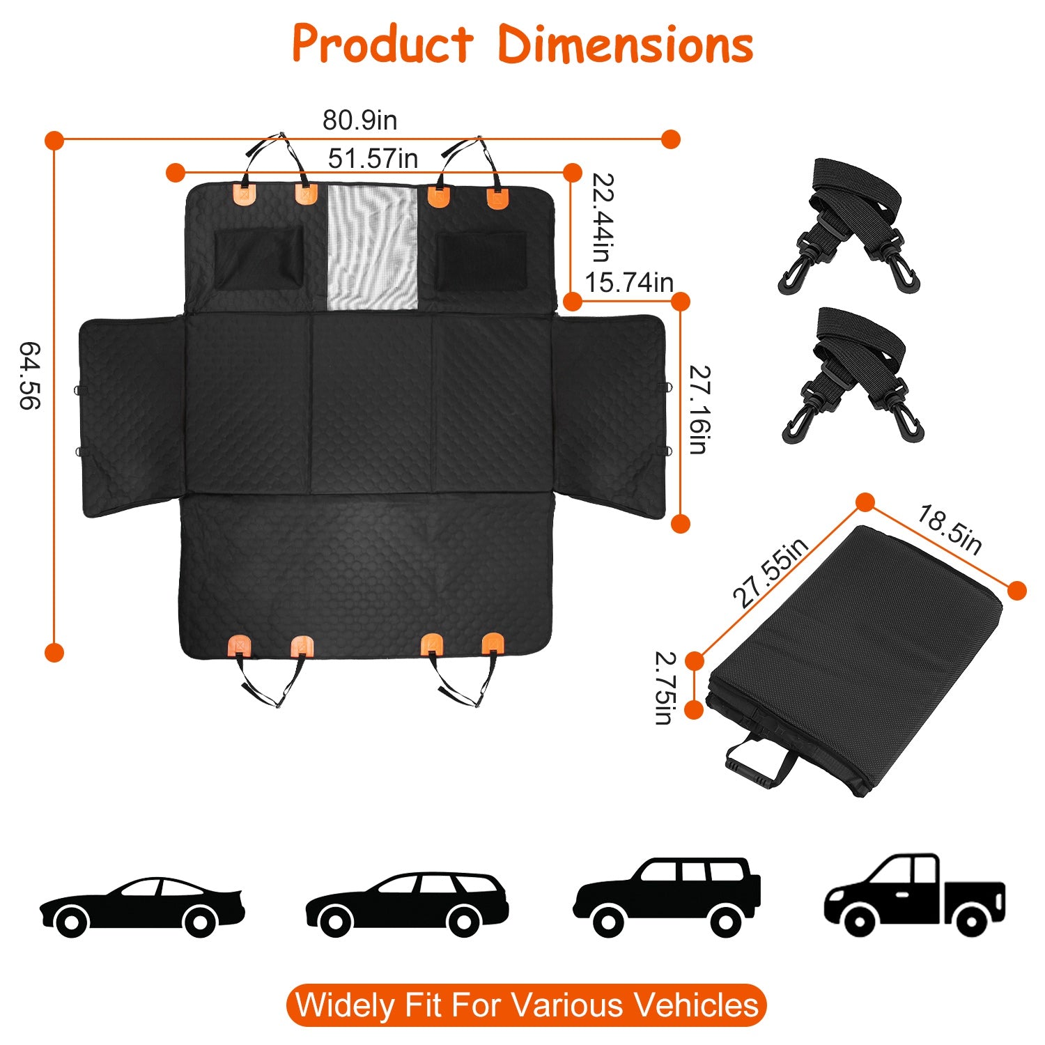 KFX-3101501 Dog Car Back Seat Cover with Zipper Mesh Window, Waterproof 600D Oxford Cloth, Anti-Slip Seat Protector with Storage Bags for Cars, SUVs, and Trucks