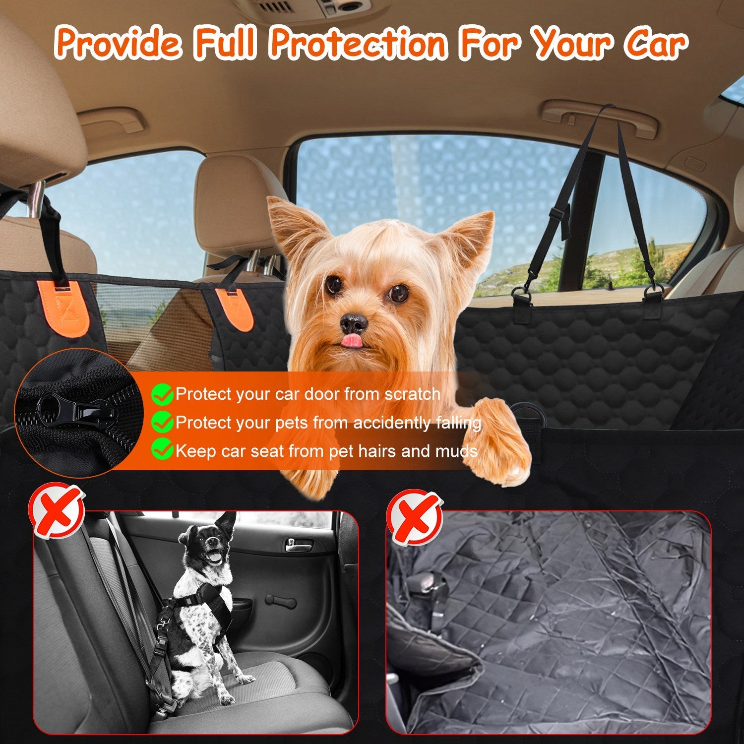 KFX-3101501 Dog Car Back Seat Cover with Zipper Mesh Window, Waterproof 600D Oxford Cloth, Anti-Slip Seat Protector with Storage Bags for Cars, SUVs, and Trucks