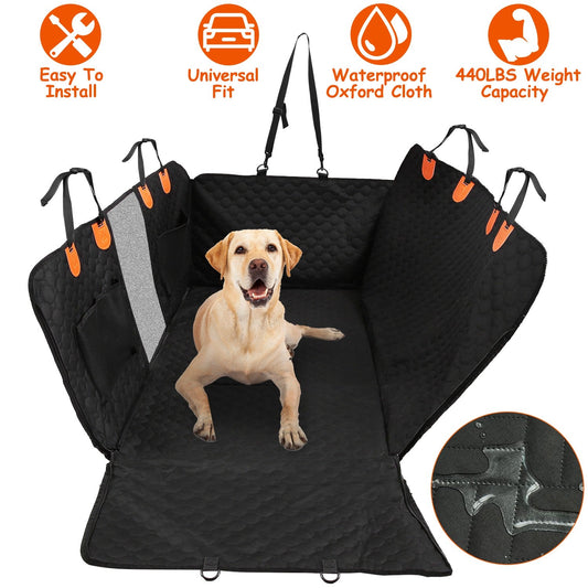 KFX-3101501 Dog Car Back Seat Cover with Zipper Mesh Window, Waterproof 600D Oxford Cloth, Anti-Slip Seat Protector with Storage Bags for Cars, SUVs, and Trucks