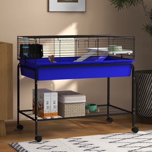 KFX-3493565 Two-Story Small Animal Cage with Removable Stand, Wheels, and Integrated Shelf - 39" x 20.5" x 36.5" - Blue