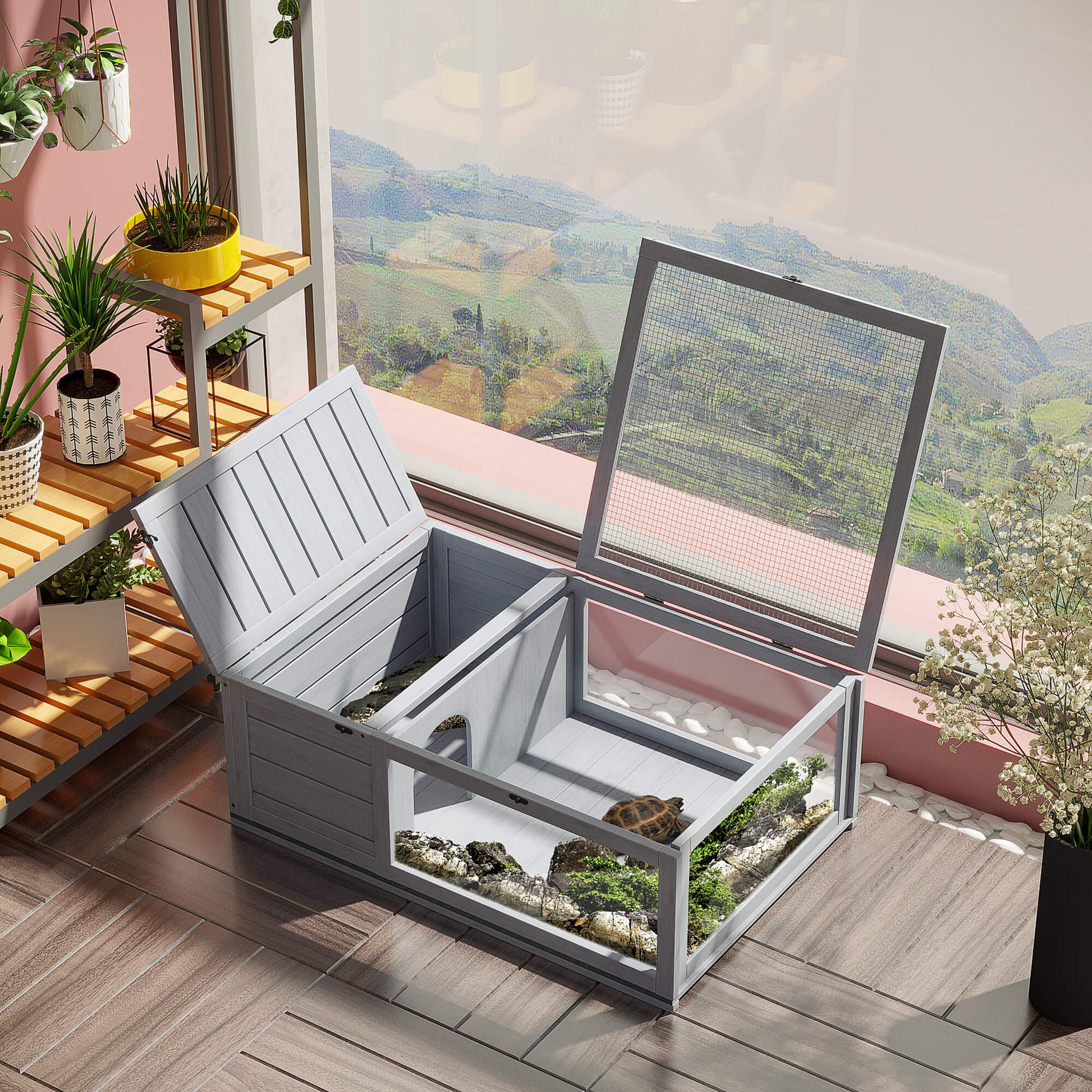 KFX-3526333 3-Window Reptile Cage with Slide-Out Tray for Turtles and Small Animals