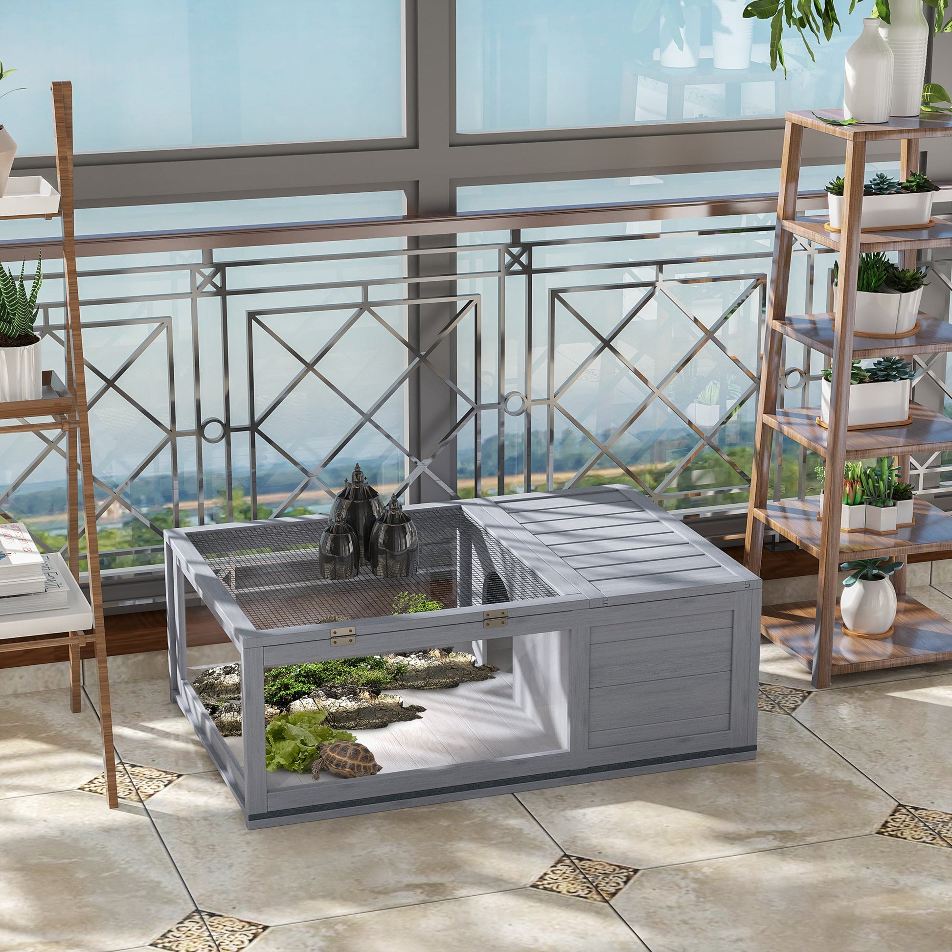 KFX-3526333 3-Window Reptile Cage with Slide-Out Tray for Turtles and Small Animals