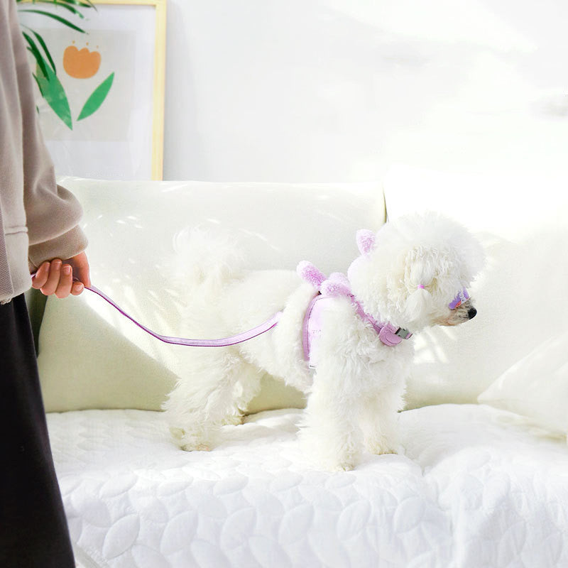 KFX-3603517 Vest-Style Cat and Dog Harness and Leash Set in Purple, Pink, and Off White - Suitable for Pets 3-12 Pounds