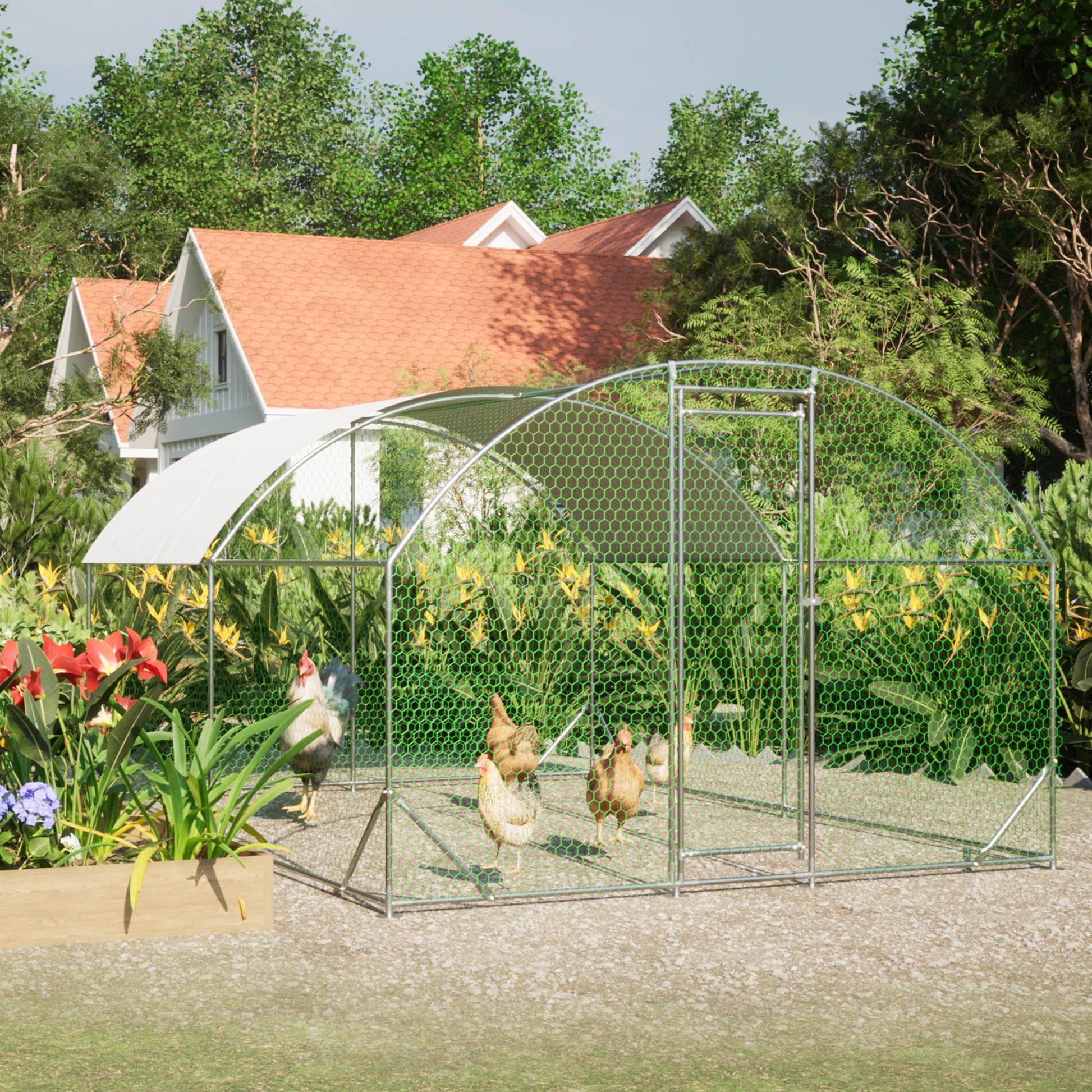 KFX-3690173 Large Metal Chicken Coop with Waterproof and UV-Resistant Cover - Walk-In Outdoor Run, 9.84 x 13.12 x 6.56 Ft
