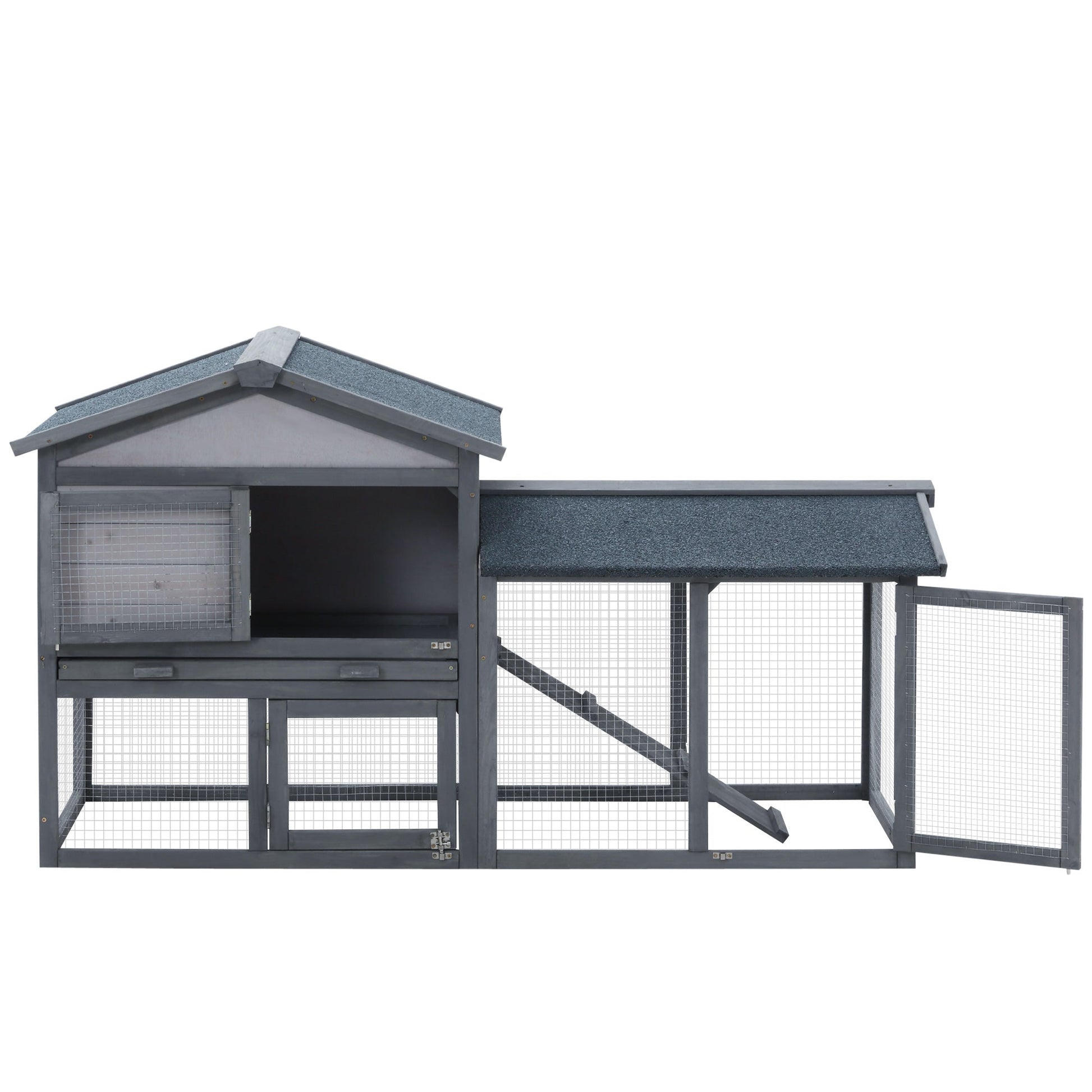 KFX-3722941 Outdoor Wooden Rabbit Hutch with Run Area, Removable Tray, Lockable Doors, and Asphalt Roof - Gray