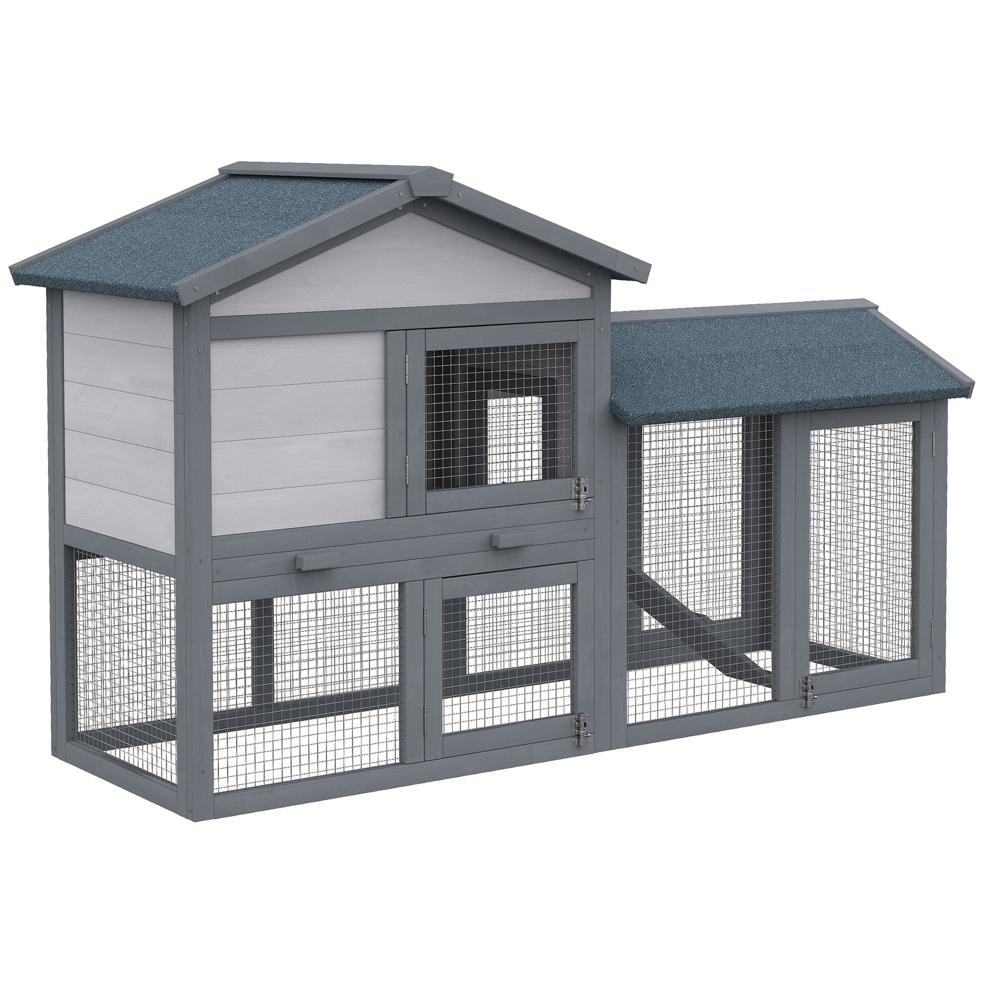 KFX-3722941 Outdoor Wooden Rabbit Hutch with Run Area, Removable Tray, Lockable Doors, and Asphalt Roof - Gray