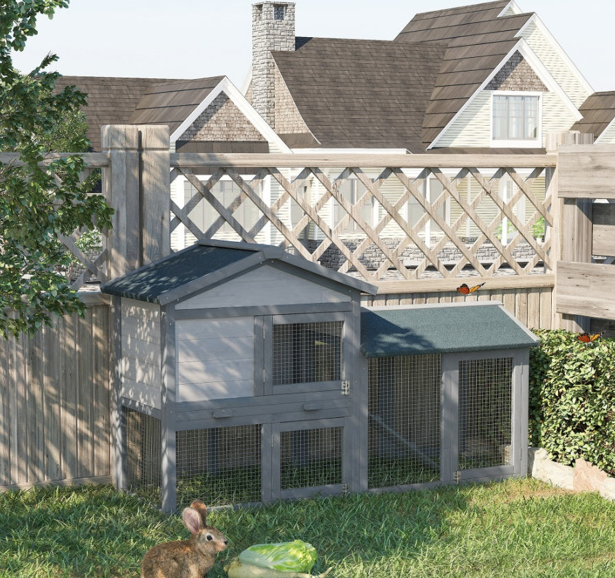 KFX-3722941 Outdoor Wooden Rabbit Hutch with Run Area, Removable Tray, Lockable Doors, and Asphalt Roof - Gray