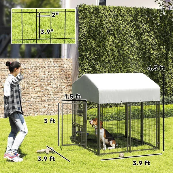 KFX-3755709 Spacious Welded Wire Dog Kennel with Adjustable Bowl Station and Waterproof Cover