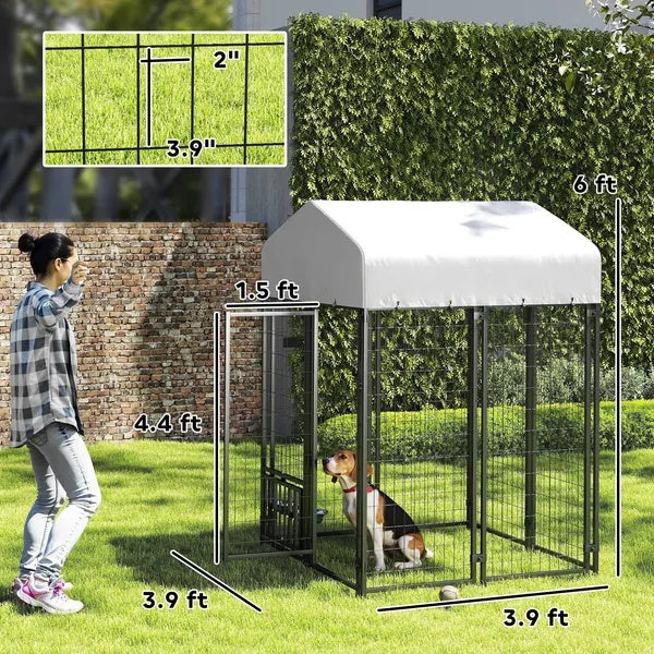 KFX-3755709 Spacious Welded Wire Dog Kennel with Adjustable Bowl Station and Waterproof Cover