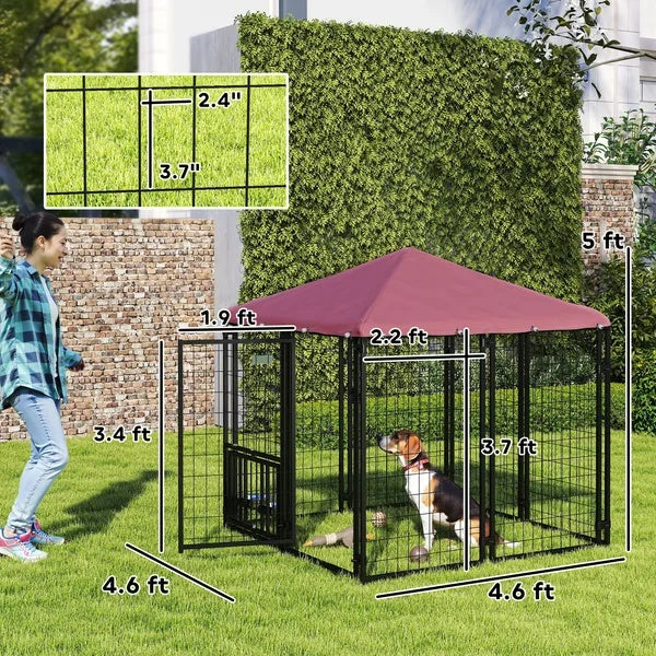 KFX-3755709 Spacious Welded Wire Dog Kennel with Adjustable Bowl Station and Waterproof Cover