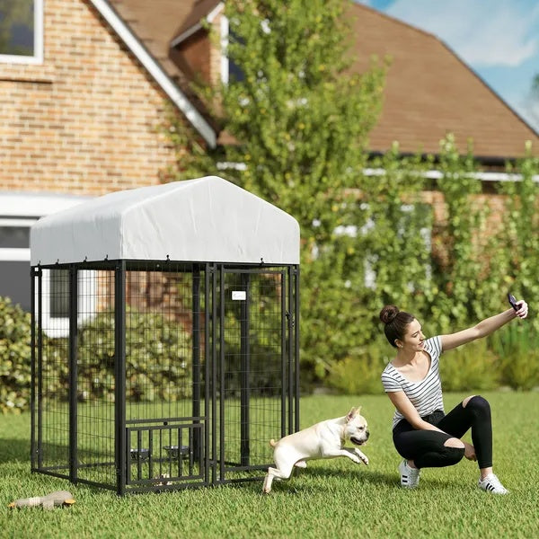KFX-3755709 Spacious Welded Wire Dog Kennel with Adjustable Bowl Station and Waterproof Cover