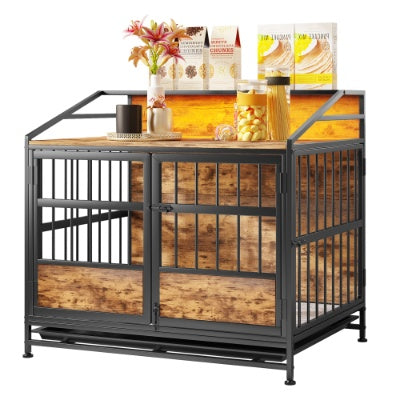 KFX-3788477 Stylish Multi-Function Dog Crate with Storage, Wooden Kennel for Large & Medium Dogs, Brown