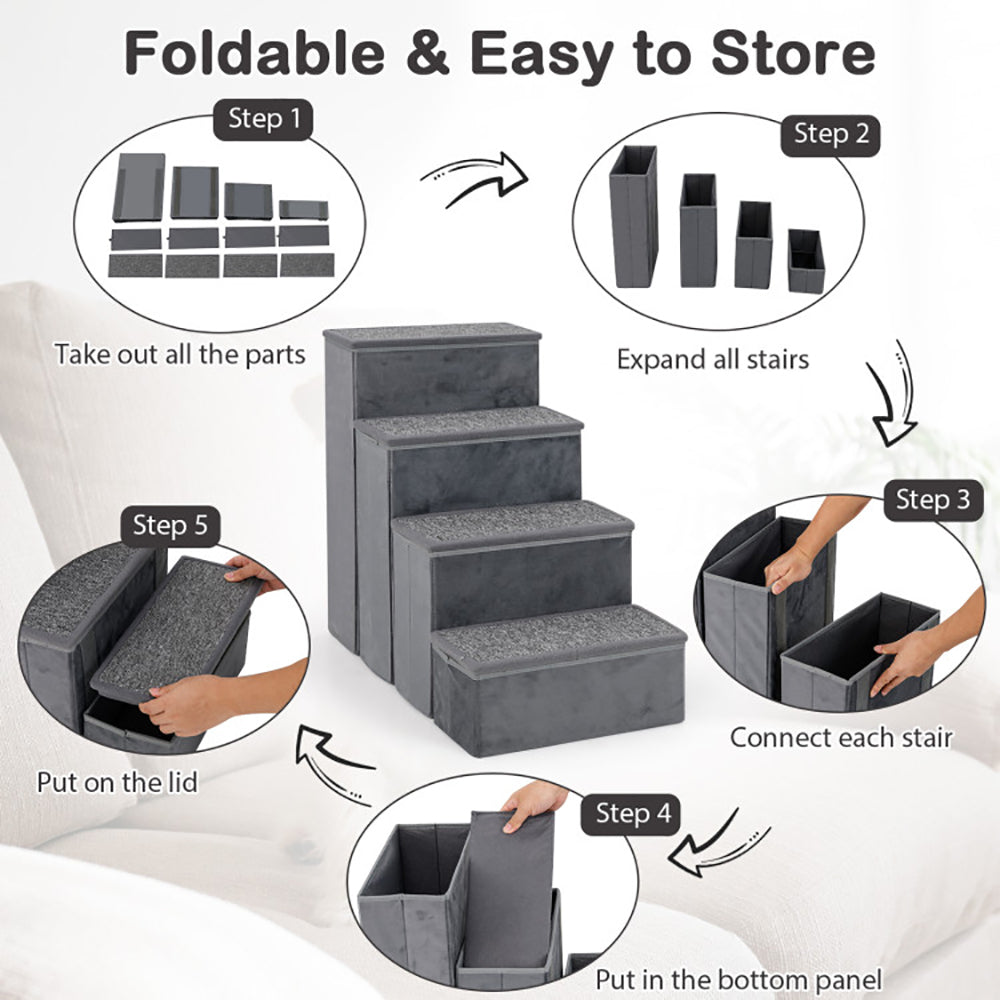 KFX-3826621 Foldable 4-Step Dog Stairs with Non-Slip Surface and Storage Compartments for Pets