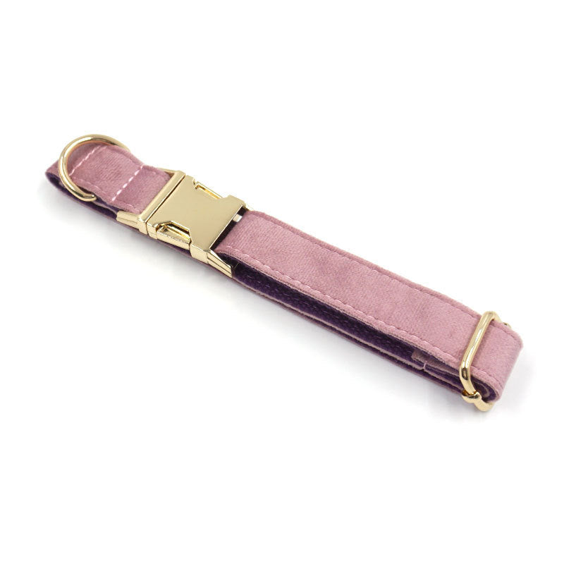 KFX-3898429 Creamy Coffee Velvet Dog Collar and Leash Set in Pink and Purple with Gold Buckle
