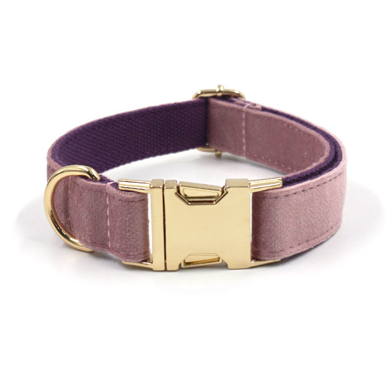 KFX-3898429 Creamy Coffee Velvet Dog Collar and Leash Set in Pink and Purple with Gold Buckle