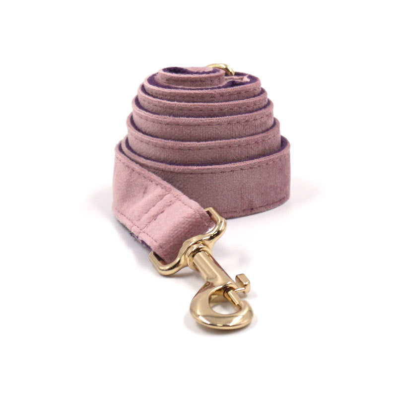 KFX-3898429 Creamy Coffee Velvet Dog Collar and Leash Set in Pink and Purple with Gold Buckle