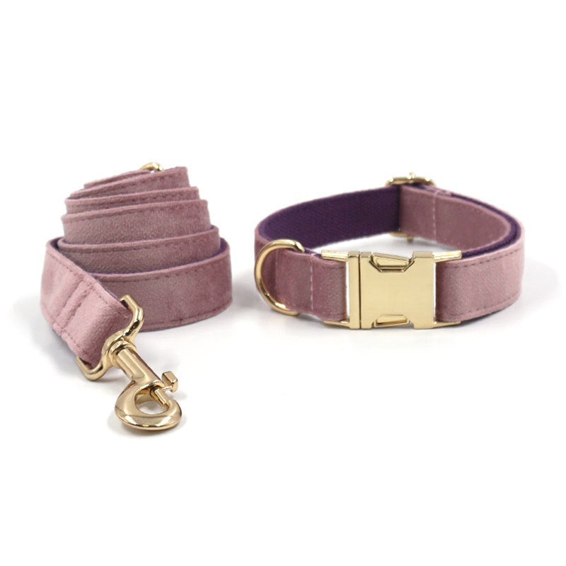 KFX-3898429 Creamy Coffee Velvet Dog Collar and Leash Set in Pink and Purple with Gold Buckle